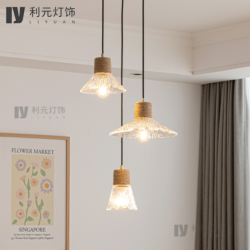 Japanese style log wind glass chandelier restaurant bar window small chandelier commercial three-head hemp rope disc dining chandelier