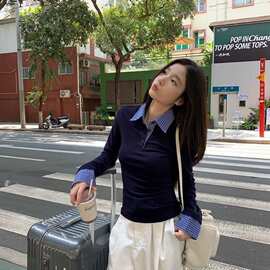 格子拼接假两件纽扣2025秋季新款衫领韩版休闲设计感显瘦上衣女装