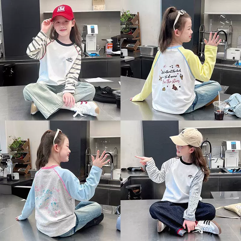 女童条纹拼接插肩袖白t恤大儿童洋气长袖内搭打底2025春秋装新款