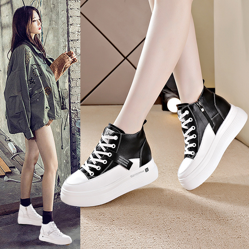 2023 New genuine cowhide 8cm hidden height thick bottom non-slip white shoes women's fleece-lined casual high-top shoes women's winter