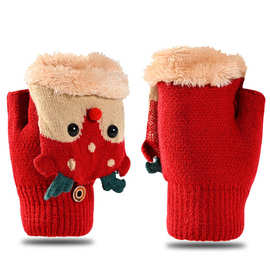 冬季儿童翻盖半指手套圣诞卡通加绒加厚保暖女童针织毛线婴儿手套