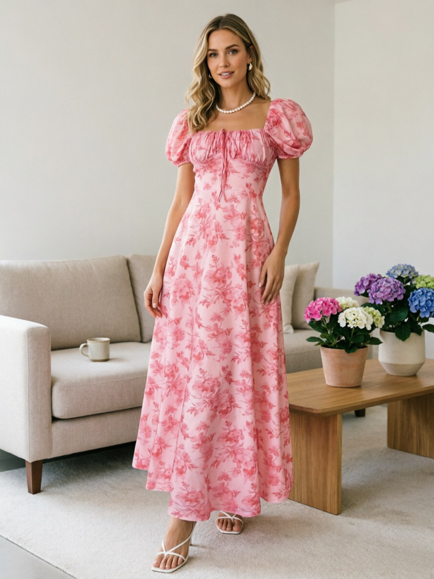 Women's Floral Print Short Sleeve Bodycon Flared Maxi Dress – Slim Fit Casual Summer Gown_ecoleips.com