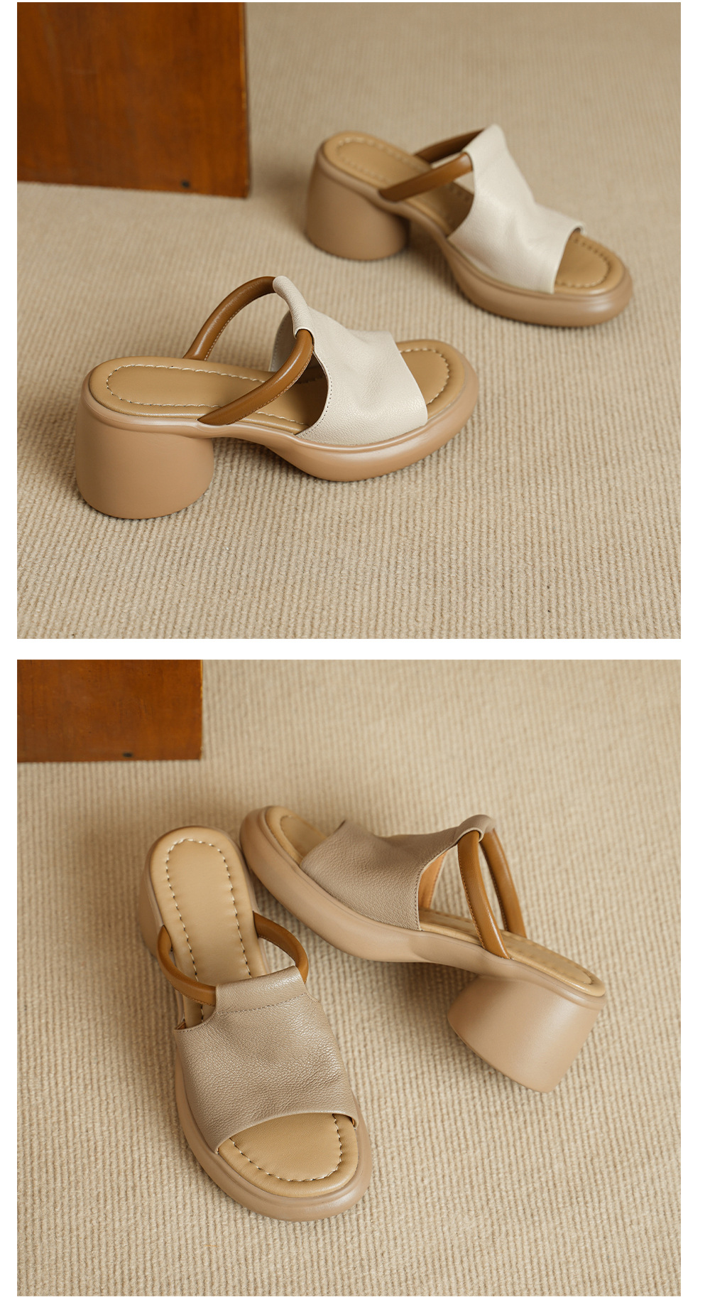 Sandal nữ hở mũi gót vuông đế dày da dê cao cấp — màu trắng ngà chi tiết 13