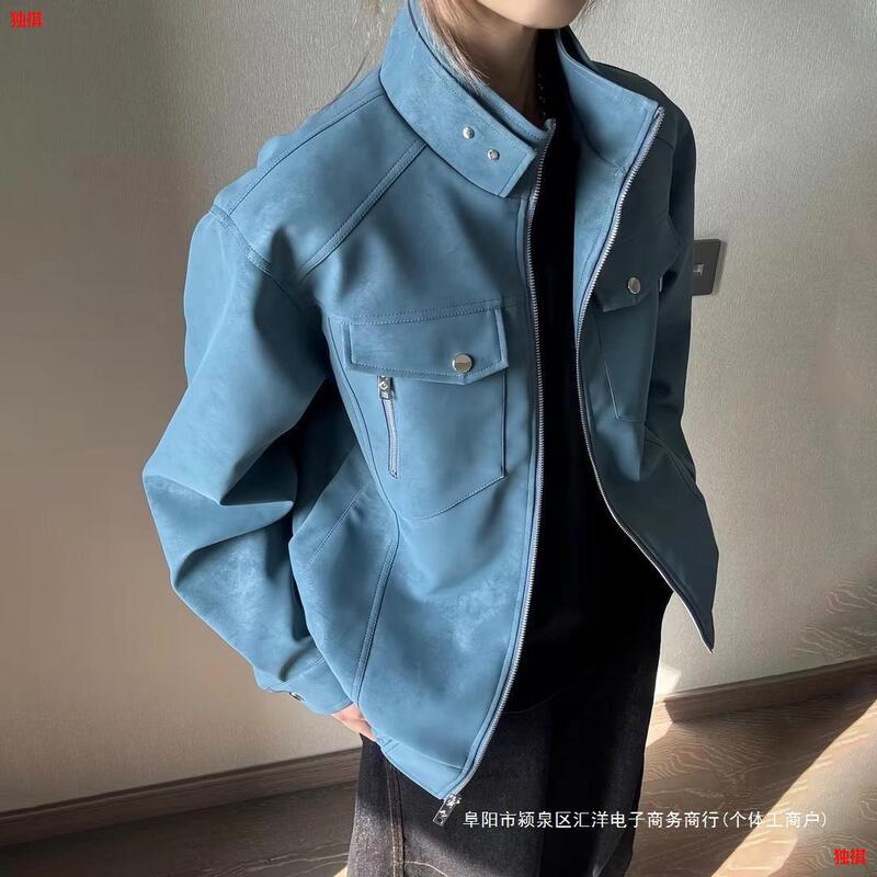 2025 Spring/Summer Versatile Trendy Stand-Collar Loose-Sleeve Unisex Pu Leather Jacket with Fashionable Design in Black