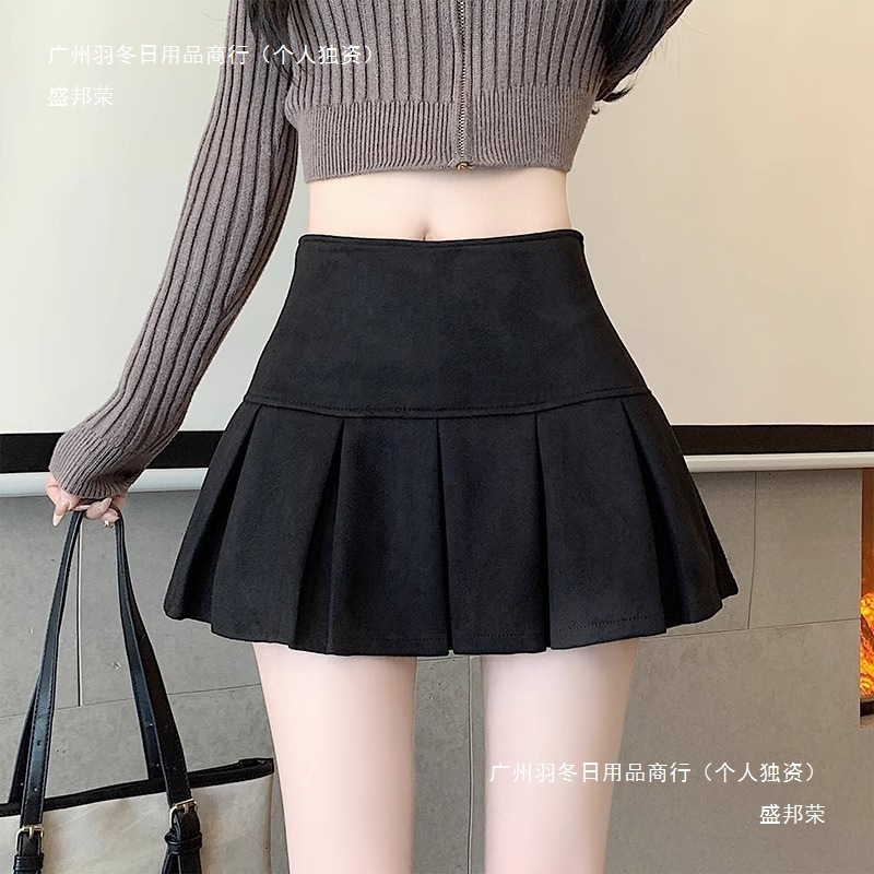 秋冬の女性用黒鹿革プリーツスカート、小柄な人向け、ハイウエスト、痩身、露出防止、ホットガールAラインショートスカート|undefined