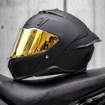 Motosiklet kaskı (dəbilqə) — riding, full-face motorcycle helmet - matte-black-finish-electroplated-gold-mirror-includes-a-transparent-mirror-m55-56cm