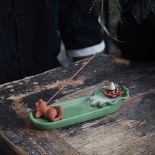 陶瓷两用倒流香炉摆件线香炉佛系荷叶青蛙线香插茶室茶桌茶宠装饰