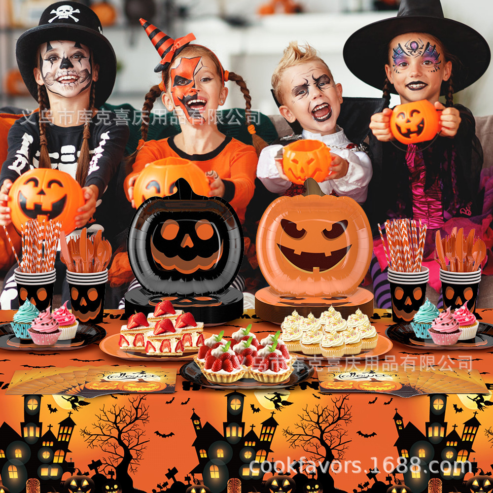 Nuevo Halloween extraña calabaza bandeja de papel set de cubiertos extraña bandeja de fiesta desechable taza de papel tira de bandera decoración