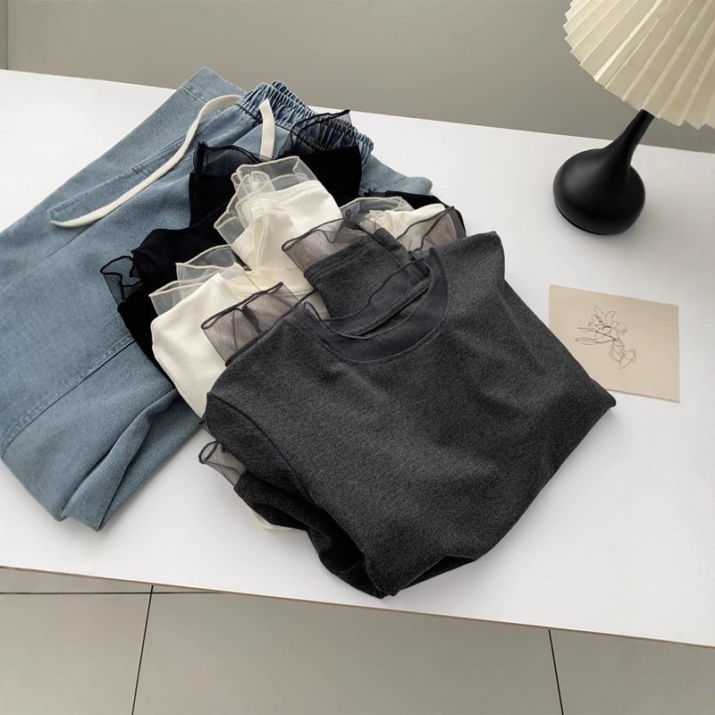 Exquisite Retro Mesh Round Neck Long-Sleeved T-Shirt for Women, Elastic and Versatile, Slimming Look, Right Shoulder T, Autumn and Winter Style Inner Layering Shirt Exquisite Retro Mesh Round Neck Long-Sleeved T-Shirt for Women, Elastic and Versatile, Slimming Look, Right Shoulder T, Autumn and Winter Style Inner Layering Shirt