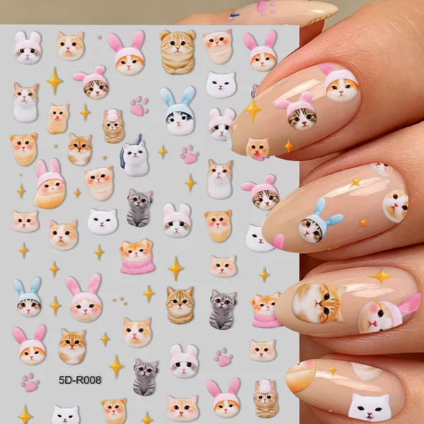Cross-Border Embossed Cartoon Nail Stickers Ins Cute Kitten Elephant Bear Goldfish Cartoon Animal Nail Stickers