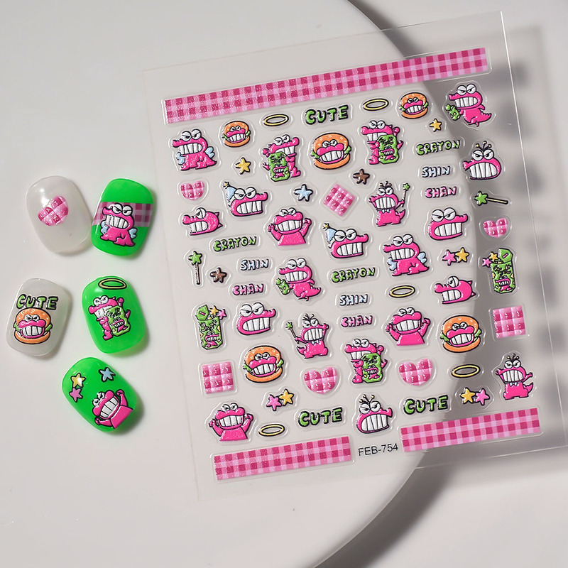 Three-dimensional relief nail stickers cartoon Crayon Xiaoxin 5D nail decoration stickers pink crocodile dinosaur nail stickers