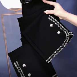 小香风休闲弹力微喇裤女2024春季新款高腰显瘦修身黑色九分烟筒裤