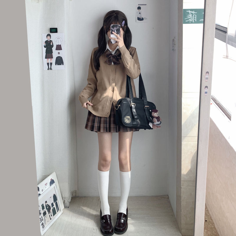 Konglusu Original Plaid Skirt Sweater Shirt Cardigan Suit Preppy Style Autum Uniform Layered Three-Piece Suit