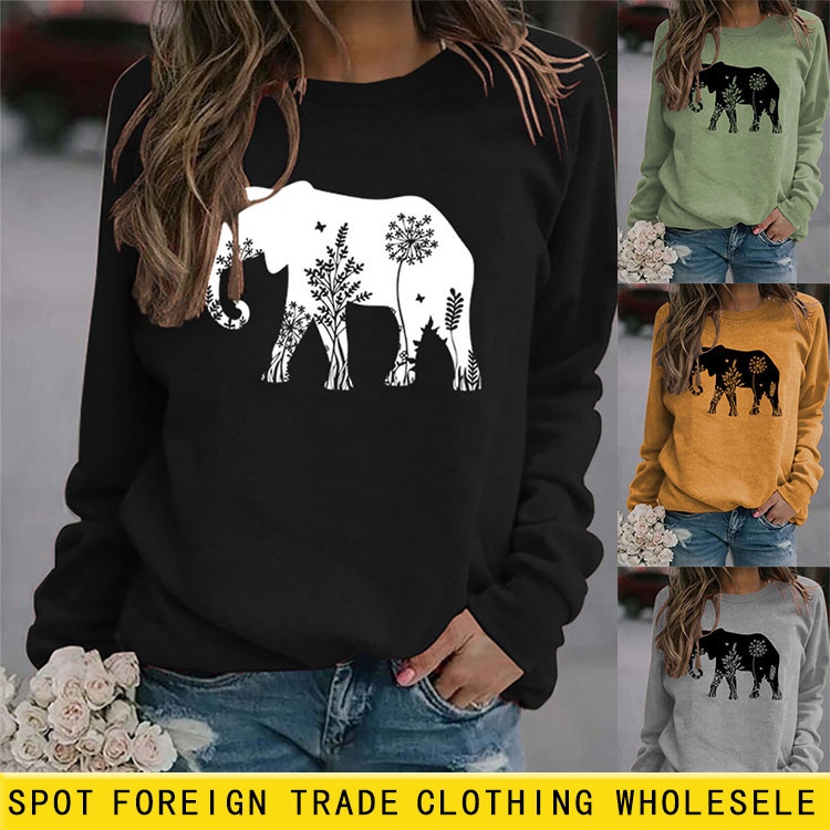 Amazon wish Cross-border European and American Loose Women's Autumn and Winter Jacket Foreign Trade Elephant Cute Printed Long Sleeve Sweater Shirt