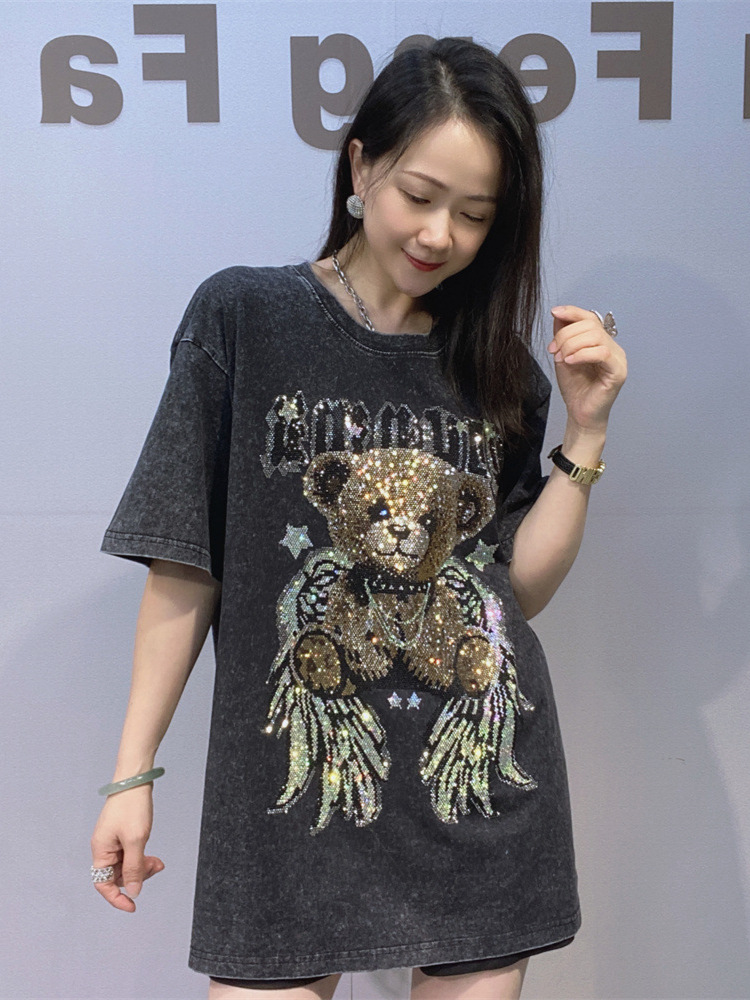 Europa y los Estados Unidos ropa de mujer grande atado teñido caliente diamante cuello redondo camiseta de mangas cortas para hombres y mujeres el mismo algodón de verano chaqueta de diamante image 3