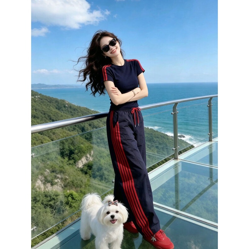 Petite Women's Casual Sports Solid Color Set 2026 Summer New Color-Blocking T-Shirt Top and Pants Two-Piece Set