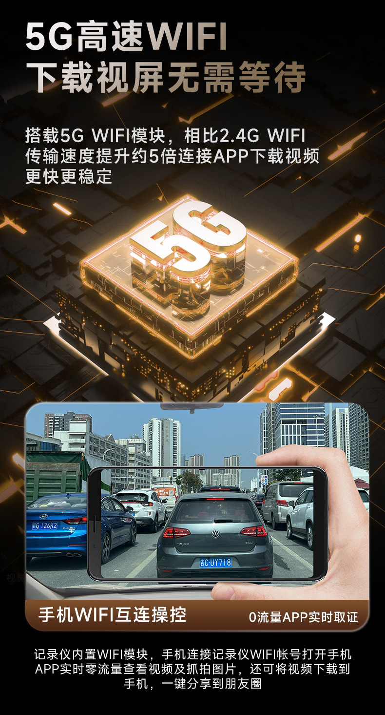 Three-Way In-Car Monitoring Dashcam with No-Wiring 4K High-Definition Dual Front and Rear Cameras, 3.2inch Screens, Wifi Connectivity