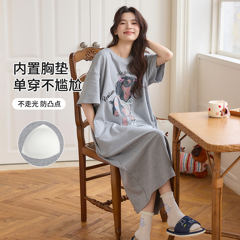 Short-Sleeved Nightgown with Breast Pads for Women, Summer Pure Cotton, Long Over-The-Knee, Large Size, Loose-Fitting, Can Be Worn Outside, Pajamas for Women, Spring and Autumn Home Clothes