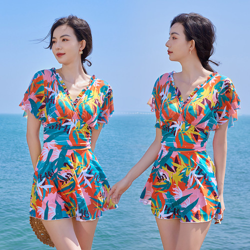 V-neck high waist slimming belly-covering one-piece swimsuit women's sexy hot spring swimwear beach cool swim skirt mesh suit