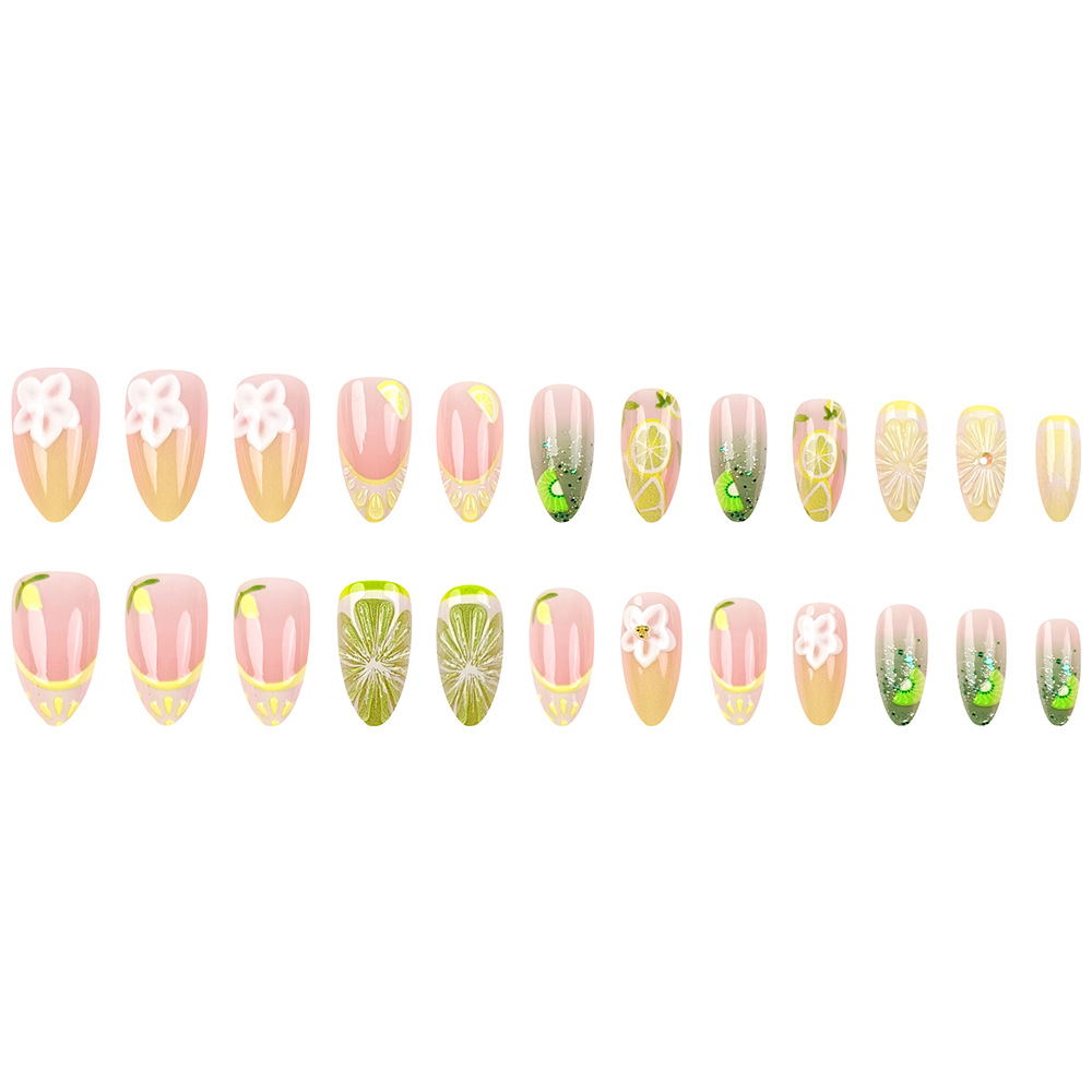 3D flor de limón estereoscópica francesa de verano de uñas suaves frescas ins 24 piezas de uñas falsas mezcladas