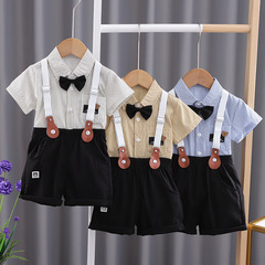Boys' Summer Set 2023 New Fashion Baby Summer Fine Striped Belted Pants Short Sleeve Clothes Trendy Children