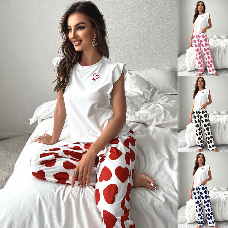 Cross-border Summer Women Can Wear Flying Sleeve T-sleeve Long Pants Pajamas suit Milk Silk Love Printed Casual Home