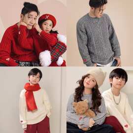 新款麻花亲子装毛衣喜庆红色年服圆领套头加厚长袖冬装童装家庭装