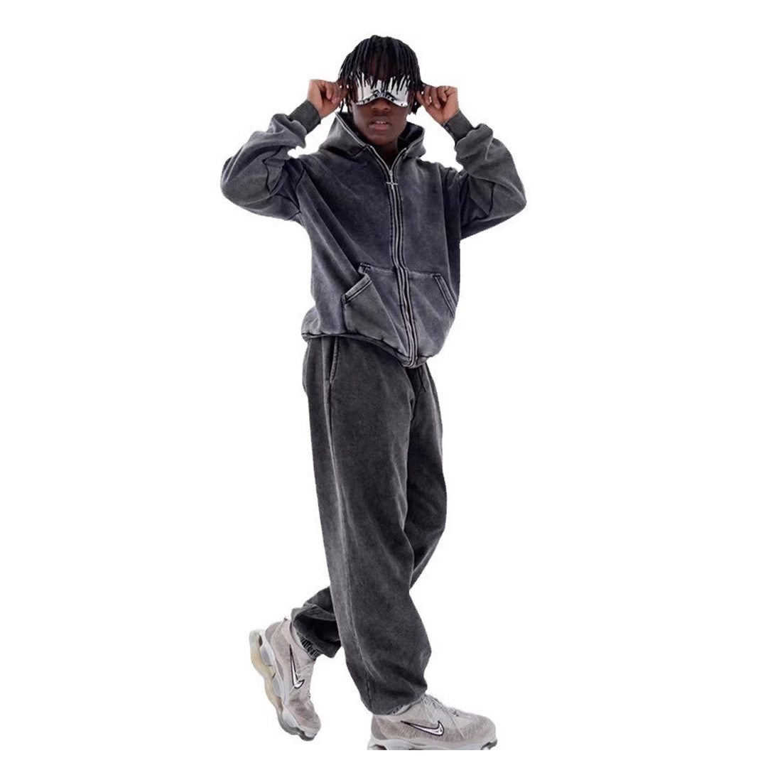 Otoño y invierno comercio exterior cardigan con cremallera más vello pesado lavado con agua para hacer viejas camisetas con capuz para hombres de moda americana pareja camisetas con capuz