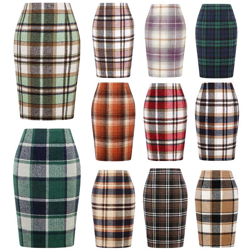 2025 Amazon Cross-Border Women's Autumn and Winter Pencil Plaid Skirt High Waist Tight Hip-Hugging Knee-Length Mid-Length Skirt Elegant