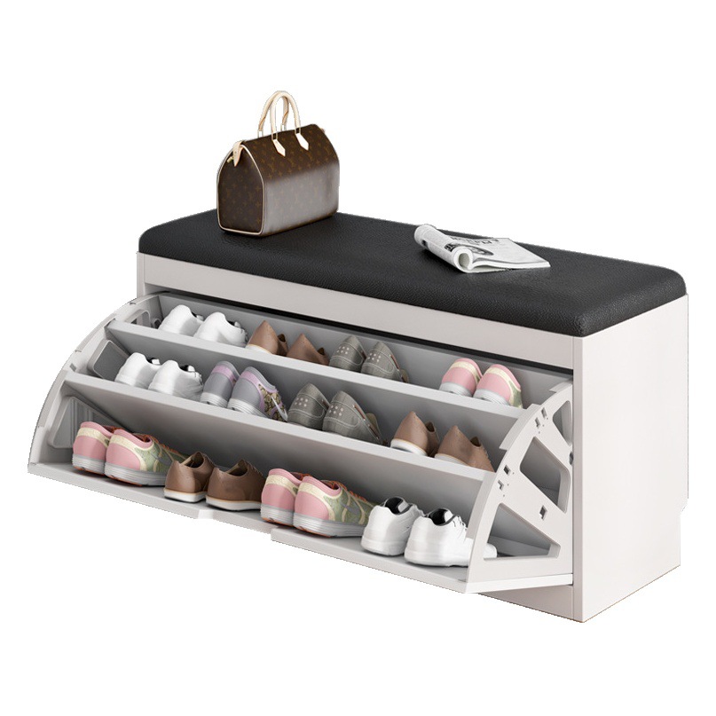 Banco para cambiar zapatos con tapa abatible para uso doméstico, estante para guardar zapatos en la entrada, banco minimalista de lujo ligero para la entrada, armario para zapatos con tapa abatible.