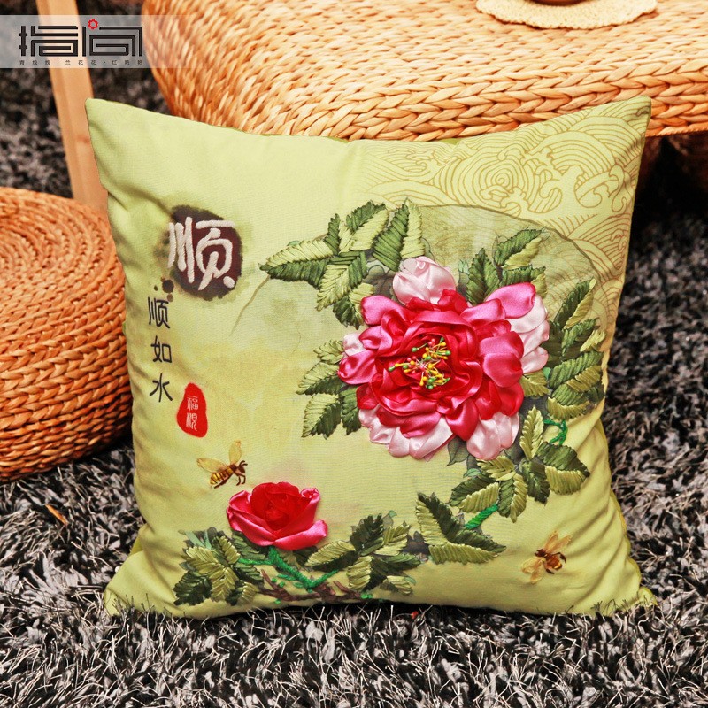Nueva cinta de seda bordado funda de almohada hecha a mano material de bricolaje paquete cojín cubierta sala de estar tridimensional Cruz puntada entrega de una sola pieza