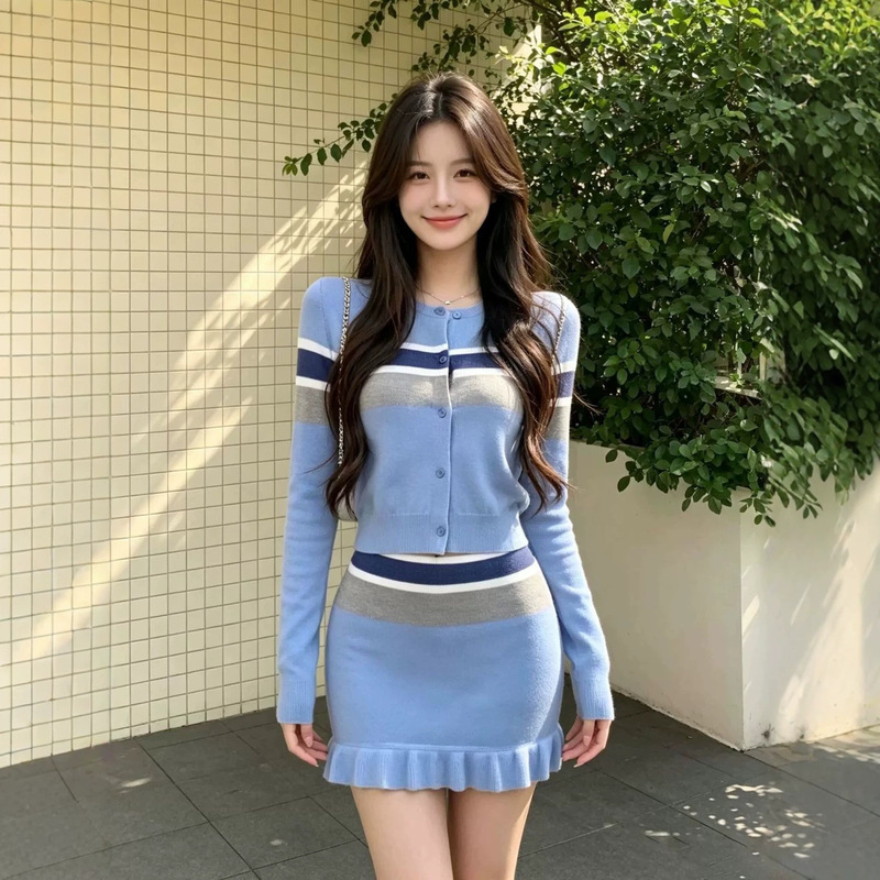 Korean-style preppy color-block striped short knit cardigan, women's autumn ruffled short skirt, elegant top, two-piece set