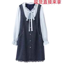 胖佳佳拼接方程式 秋季高品质假两件长袖连衣裙女