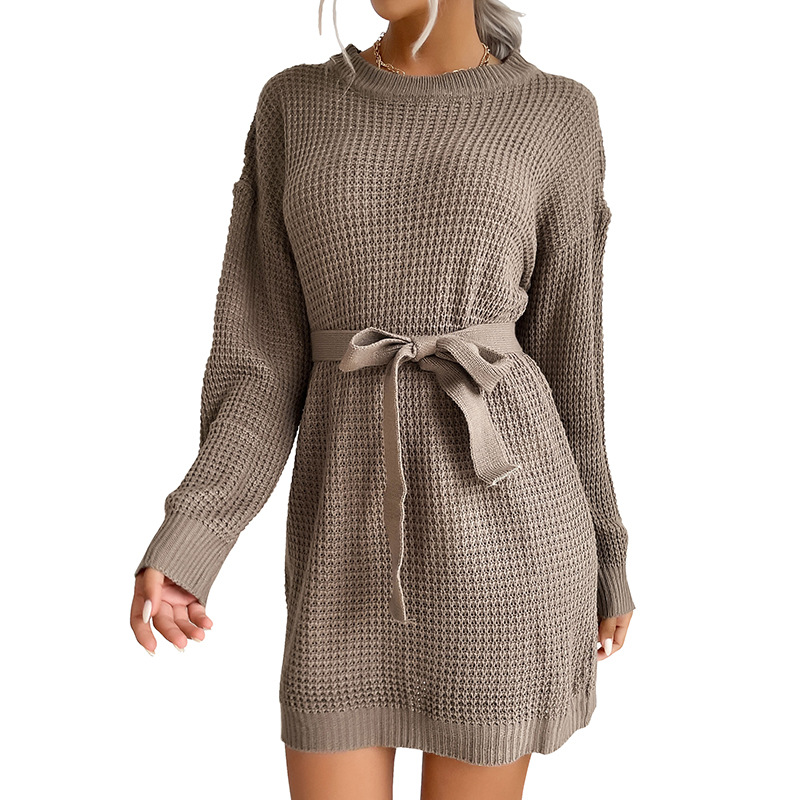 Solid Color Lace-up Long-sleeved Sweater Dress_voghion.com