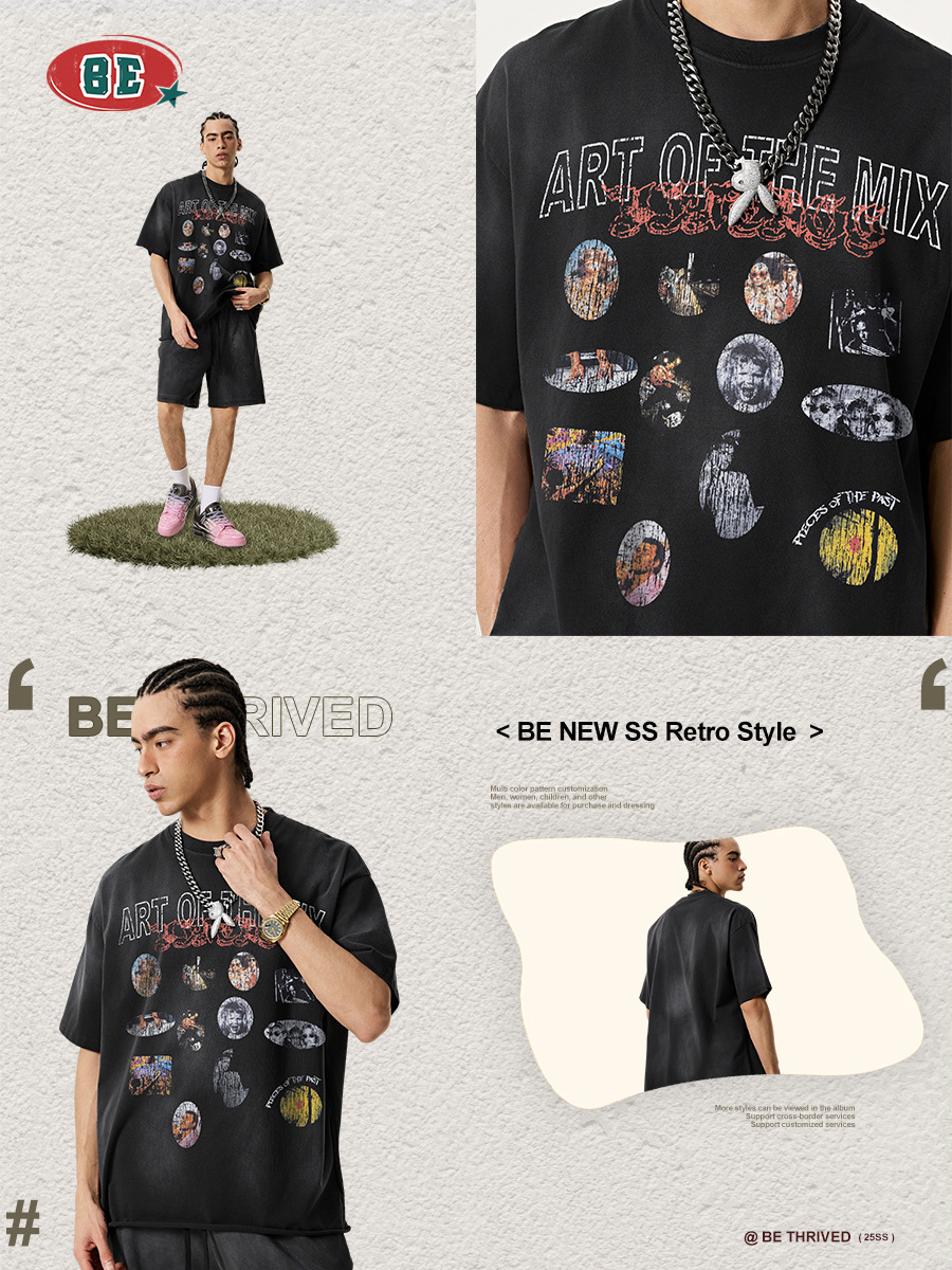Be Hombres| Europa y América retro hacer vieja impresión de pulverización de caballo de borde disperso camiseta de manga corta camiseta de moda masculina suelta camiseta pareja