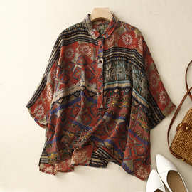 POLO领苎麻民族风印花洋气衬衫女夏季宽松时尚百搭气质蝙蝠袖上衣