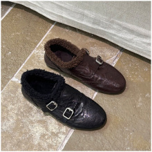 SKO牛皮加绒乐福鞋2025年秋冬季新款女款真皮扣带布洛克单鞋百搭