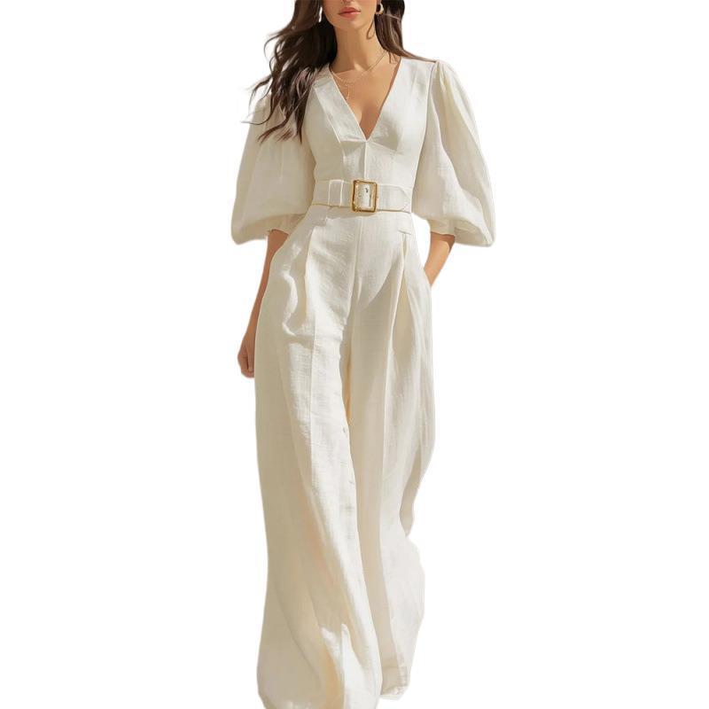 2026 Spring New Arrival: Elegant and Casual European and American Style Women's Jumpsuit with Solid Color and Deep V-Neck.
