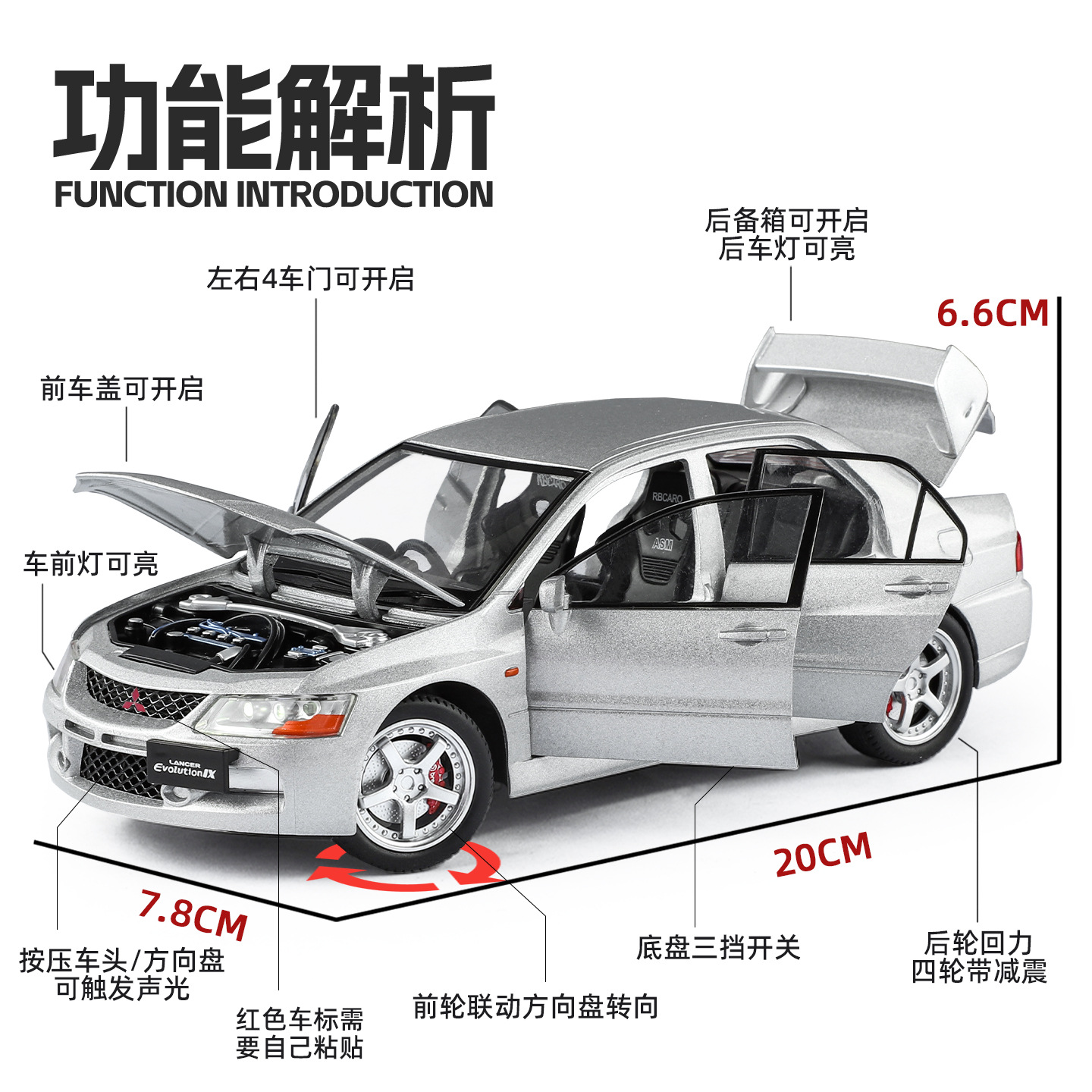 Auténtico 1: 24 Mitsubishi EVO9 modelo de automóvil de aleación modelo de automóvil acústico y óptico retro juguetes exhibición al por mayor