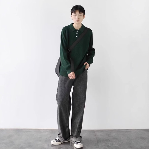 Pure Color Collar Sweater for Men - Autumn Simple and Versatile Hoodless Knit Top - Japanese Style Trendy Men Loose Knit Polo Shirt