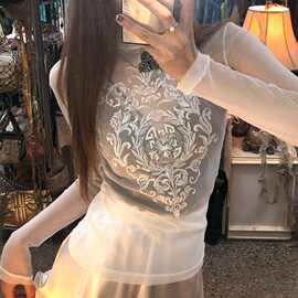美式性感网纱个性印花长袖T恤女春季新款辣妹修身显瘦百搭上衣潮