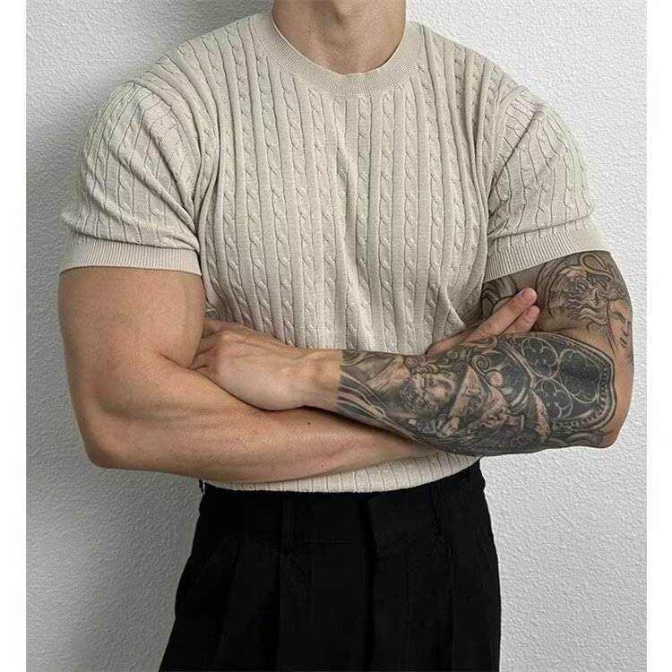 Summer Solid Color Round Neck Short-sleeved Sweater Men's Slim-fit Stretch Trendy All-match Design Sense Vertical Stripe Half-sleeved T-shirt
