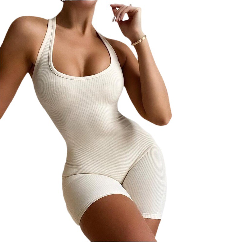 Mono corto de verano para mujer, estilo europeo y americano, de color sólido, con cuello halter, espalda descubierta, ajustado y de cintura alta