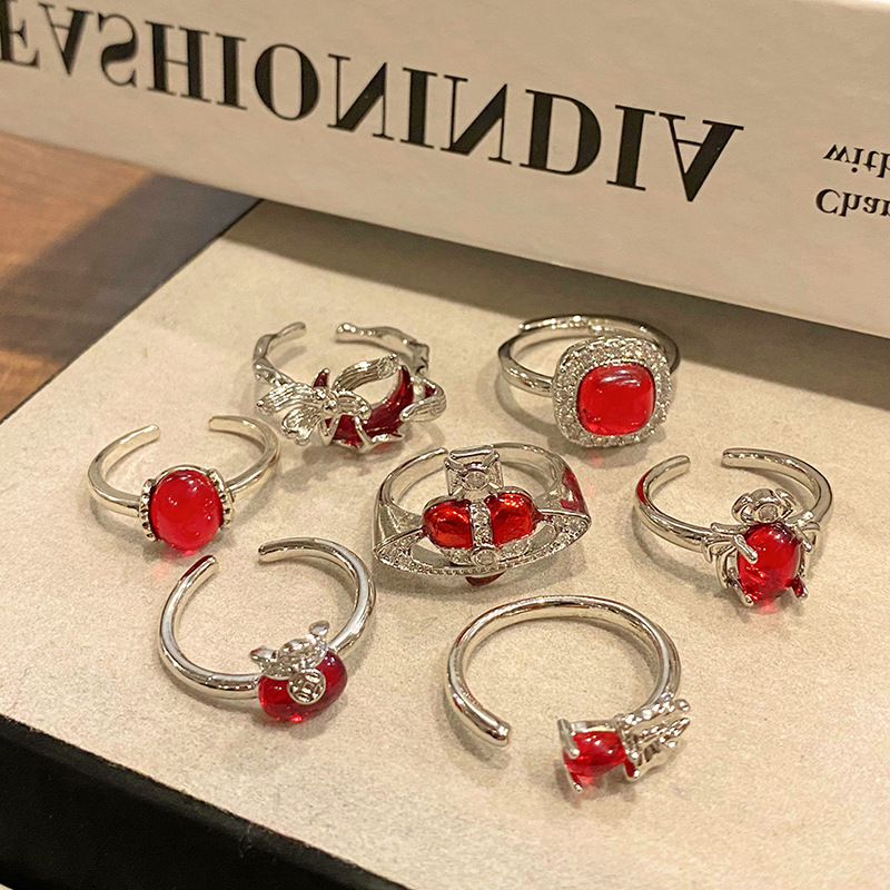 紅色高級感戒指女ins疊戴百搭冷淡風指環情侶小眾設計時尚食指戒