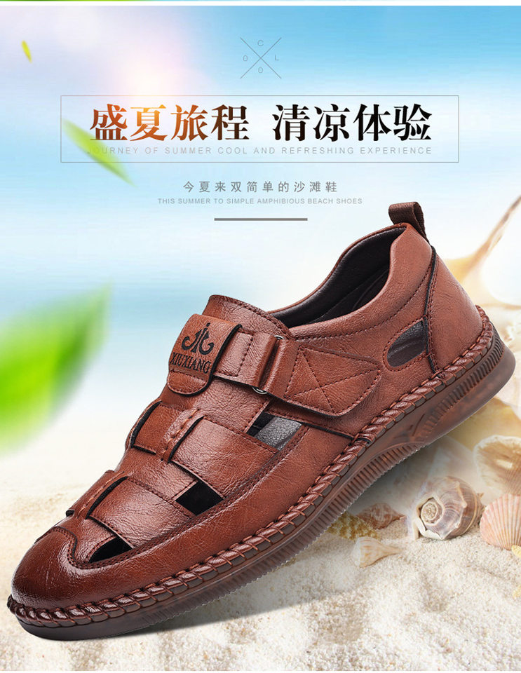 Dép sandal nam da cỡ lớn thiết kế khoét lỗ, khóa dán tiện lợi, form bít mũi — Nâu thời trang, Đen quyến rũ chi tiết 3