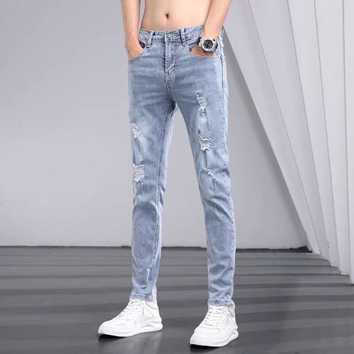 Summer and Spring Thin Slim Fit Men's Straight Leg Korean Style Trendy Branded Light Color Versatile Hole Relaxed Pants Three-quarter Length