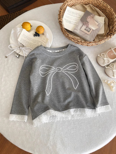 2025 Korean-style bow handmade beaded women's round neck design sense loose slim sweet knitted sweater