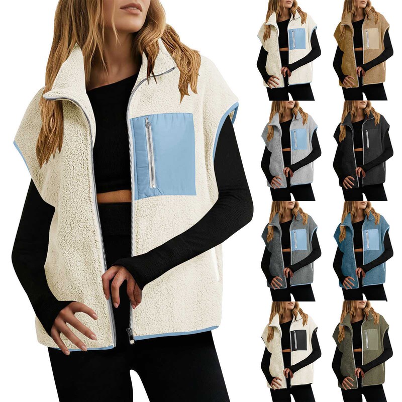 2026 Autumn and Winter New Style Polar Fleece Color-Blocked Vest Women's Zipper Jacket Cross-Border Foreign Trade Casual Vest 2026 Autumn and Winter New Style Polar Fleece Color-Blocked Vest Women's Zipper Jacket Cross-Border Foreign Trade Casual Vest