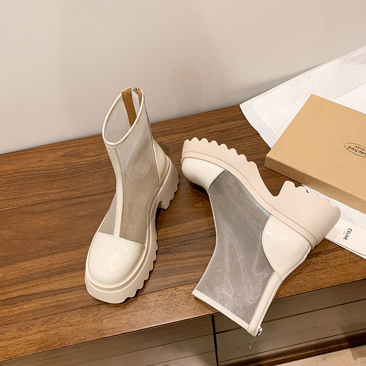 Boot ngắn nữ da thật vải lưới cao gót 6cm mùa hè phong cách Anh thoáng khí — Màu đen, Trắng be chi tiết 103