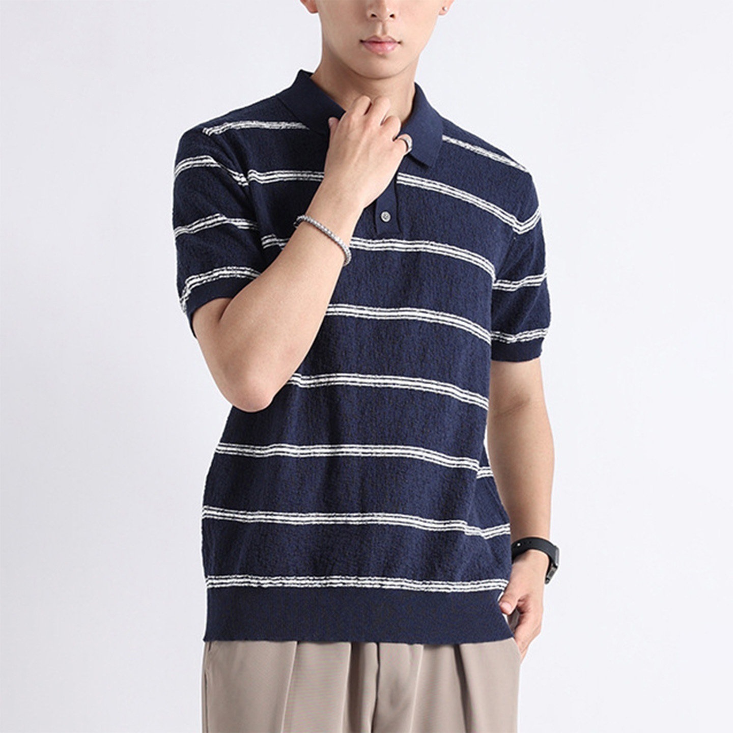 Polo camiseta de punto camiseta de manga corta hombre con solapa estriada textural vieja camiseta de hielo de verano fábrica transfronteriza al por mayor